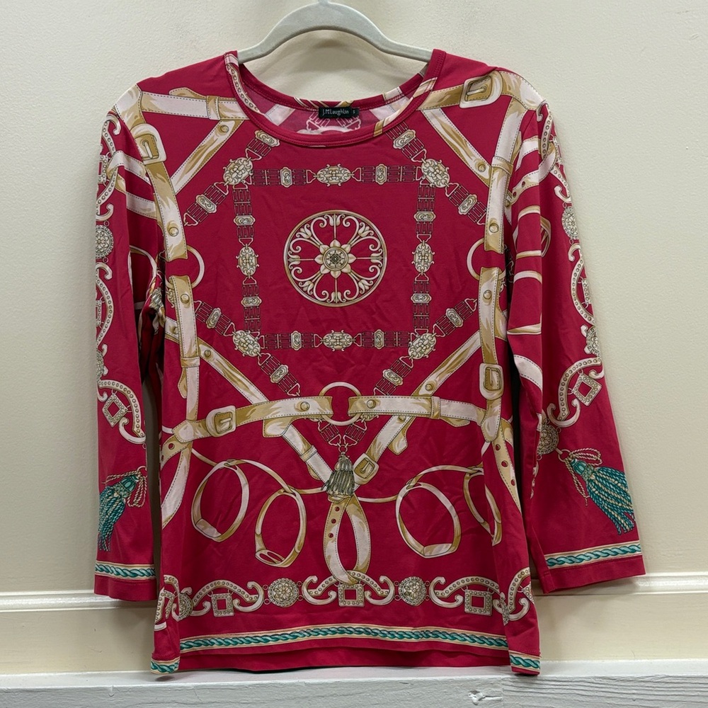 J.McLaughlin women’s S Catalina equestrian stretch tee red gold tassel print top